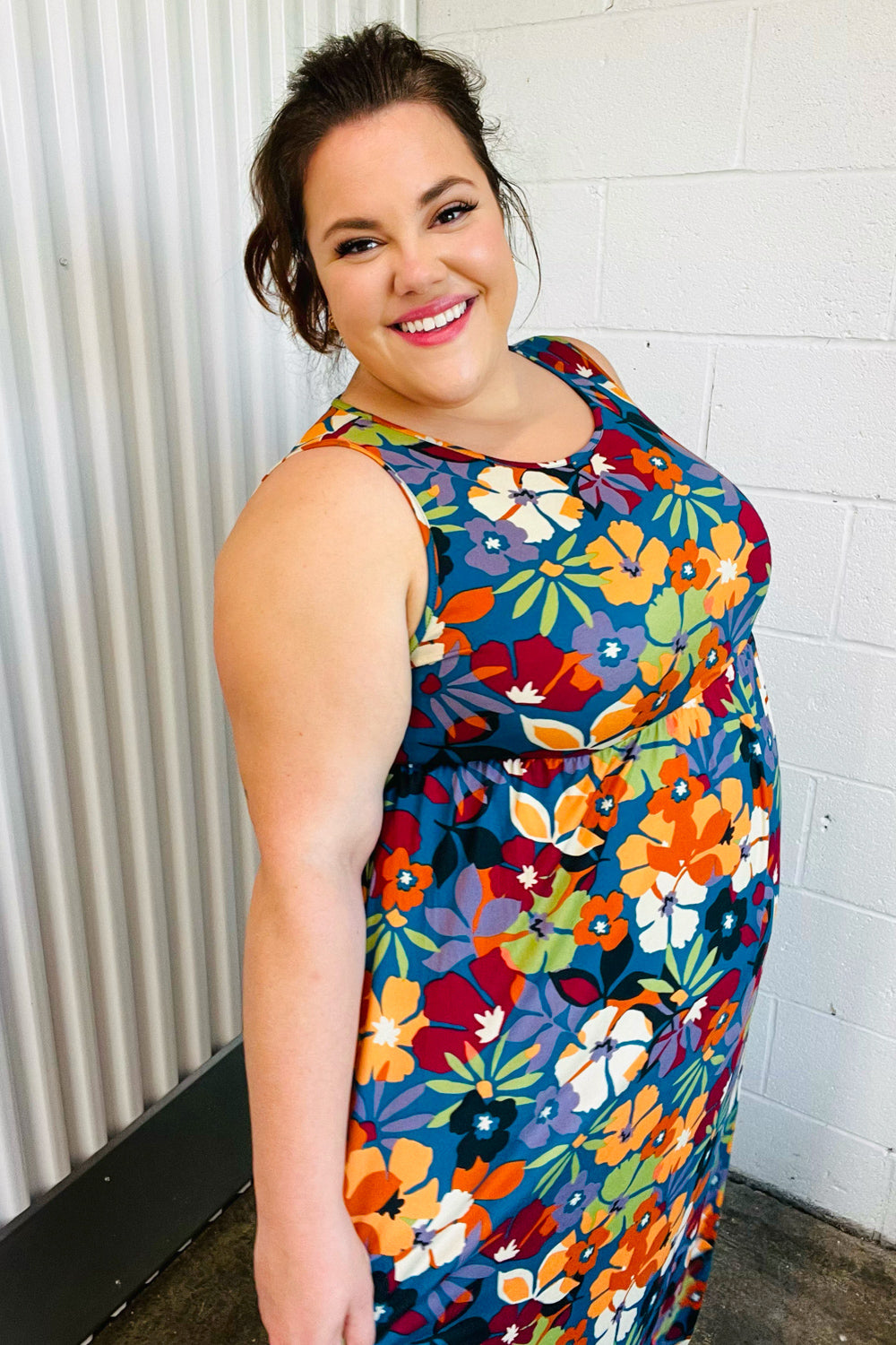 Teal & Maroon Flat Floral Fit and Flare Sleeveless Maxi Dress